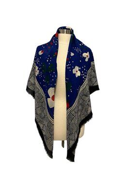 Tiffany & Co Wool Scarf Blue Floral Square Italy Designer